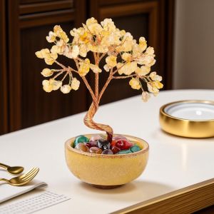 Natural Yellow Crystal Stones Wealth Tree Agate Rolling Stone Tea Bowl Base Treasure Basin Crystal Tree Home Desktop Ornaments