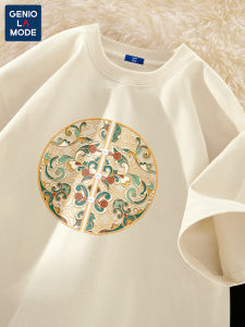 New Chinese Style Pure Cotton Short Sleeve Mens T-shirt Light Beige Large Size Summer Casual Comfortable round Neck Top