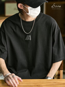 เสื้อยืดคอกลมแขนสั้นผ้าฝ้ายแท้ทรงหลวมสำหรับผู้ชาย สไตล์อเมริกัน High Street ลายตัวอักษรสีดำ แฟชั่นฤดูร้อน