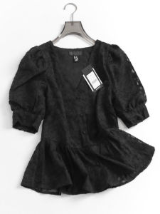 Pure Color Flocking Jacquard Slim Looking Silm Short a Words Puff Sleeves Autumn New V-neck Small Blouse Short Sleeve Shirt D925