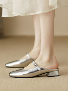 LIQIXIEFANG | Leather Peep Toe Half Slipper French Style Easy Wear Mule Medium Heel