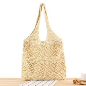 Fashionable Hollow out Paper Rope Woven Shoulder Bag Large Capacity Casual Commuter Bag Double Straps Zipper Closure Soft Polyester Lining