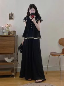 AIYITI | Summer Outfit Large Size Womens Floral Lace Short Sleeve Loose Wide Leg Pants Skirt Set Comfortable Breathable Commute Style