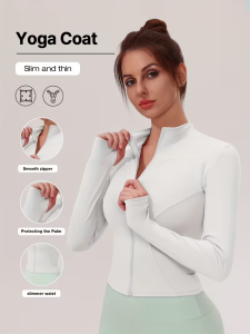 Women Slim Fit Stand Collar Sports Jacket Zip Up Yoga Jacket Quick Dry Slim Waist Running Workout Coat For Spring