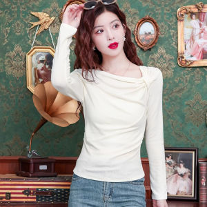 Ankang Red Shoulder Bared Long Sleeve Womens T-shirt Slim Fit Short Style Base Layer Shirt Casual Style Pure Color Autumn Wear