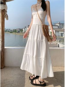 White Strapless Beach Vacation Dress Womens Spring Summer Autumn Cotton Gauze Long Skirt French Style Initial Love Cake Dress