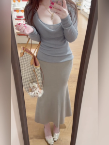 plus Size Knitted Sweater High Waist Fish Tail Half Skirt Set Womens Autumn Winter Fashion Casual Style Pure Color Commute