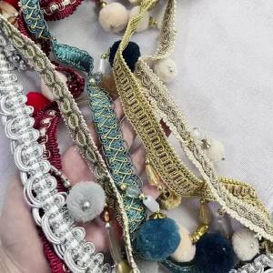 2M Multi-Color Pom Pom & Beaded Curtain Trim Luxury 3D Pendant Lace Ribbon for Home Textile DIY