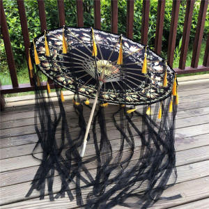 Classy Retro Printed Silk Umbrella Womens Accessory Tassel Photograph Props Chinese Hanfu Dance Show Decorative Craft Umbrella