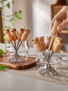 Baroquehouse | Cute Stainless Steel Fruit Fork Set Wooden