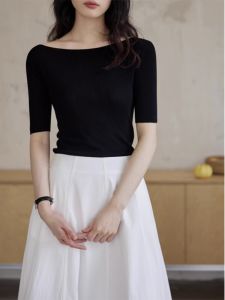 Black Ice Silk Knitted Short Sleeve T-Shirt Womens Summer Unique Design One Shoulder Top High-End Feelings Commute Style Slim Fit