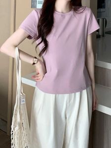 Light Purple Womens T-shirt round Neck Short Sleeve Slim Fit Summer Casual Cotton Blend Comfortable Fashionable Commute Style