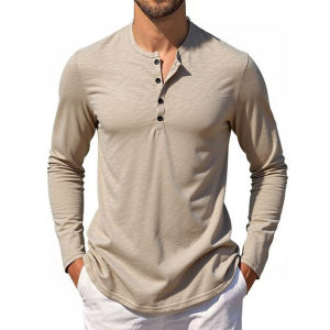 king billion(king bilyon) | Men‘s Long Sleeve T-shirt Henley Collar Cotton Slim Fit Tops Casual Solid Color Breathable Button Tees Male Cozt T-shirt