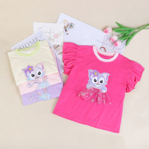 Summer Girl Ruffle Sleeve Short Sleeve round Neck T-shirt Girl Tops Casual Western Style Childrens Bottoming Shirt Fashion All-Matching