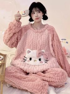 Bộ Đồ Ngủ Lông Cừu Coral Dày Dặn Cho Bé Gái Mùa Đông 2024 Bộ Đồ Ngủ Cotton Polyester Dài Tay Quần Dài Thoải Mái Cho Bé Gái Và Trẻ Lớn