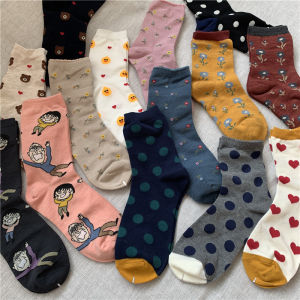 Trendy Cotton Blend Socks with round Dot Heart Flower Patterns Mid-Calf Womens Socks from Rabbit Home Mixed Collection
