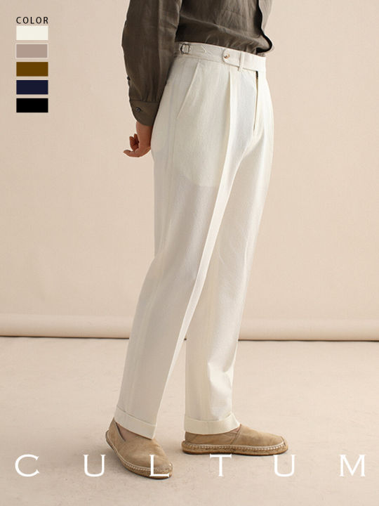 Cultum Men's Bubble Shirt Pants Thin Straight Loose Summer Casual Breathable Long Trousers Business Gentleman Style Pure Color