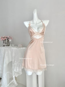 Roseberrrry เซ็กซี่ ลูกไม้ ชุดราตรีเปลือยชาย ชุดนอน Sensual สายคล้อง ดีไซน์ โบว์คอ V สีบริสุทธิ์ กระโปรงสั้น ความยาว