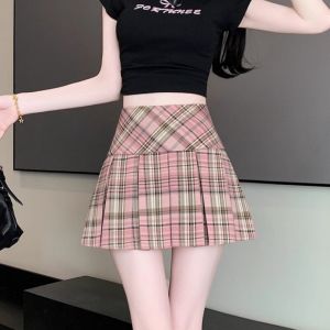 Wanita Rok Celana A-line Pinggang Tinggi Kotak-kotak Garis-garis Rok Berlipit