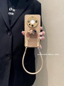Khaki Colored Huawei Mate60/50/40 pro Phone Case with Crossbody Strap Female Style Coffee Bear Anti-Fall Protection Cover