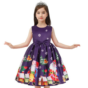 Ryn studio new childrens Christmas dress cartoon print bow dress Christmas performance dance performance dress