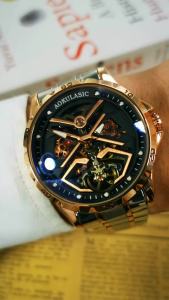 AOKULASIC | Fashion Tourbillon Mechanical Watches Luminous Hands Rose Gold Skeleton Automatic Watch for Men Stainless Steel Strap AOKULASIC