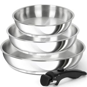 JUSTINLAU | MICHELANGELO 8" & 9.5" & 11" Stainless Steel Frying Pan Set Kitchen Cooking Pans with Removable Handle Induction Compatible