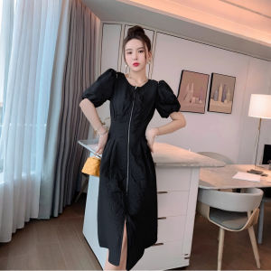 Elegant White Long Dress with Puffy Sleeves Commuter Style Summer Fashion A-Line Skirt Polyester Fiber 100% Bubbles Sleeve