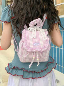 กระเป๋าเป้สะพายหลังลายสก็อตสีชมพูสไตล์เกาหลีสำหรับผู้หญิง กระเป๋าสะพายไหล่คู่ กระเป๋าใส่หนังสือ กระเป๋าสะพายประจำวัน กระเป๋าสะพายไหล่แบบมีซิป