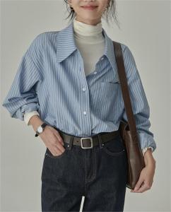 เสื้อเชิ้ตผู้หญิงแขนยาวลายทาง ดีไซน์เก๋ไก๋ ทรงหลวม ผ้าฝ้ายผสม สำหรับใส่ไปทำงาน ฤดูใบไม้ผลิและฤดูใบไม้ร่วง