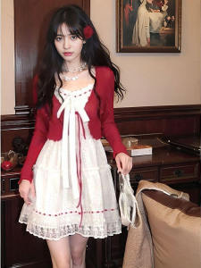 French Style Temperament Lace Edge Suspender Skirt Womens Autumn New Arrival Sweet and Spicy Slim Looking Vacation Style Dress Cardigan Two-Piece Set