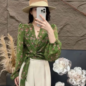 Elegant Floral Print V-Neck Short Shirt Womens Summer Style Slim Fit Long Sleeve Casual Business Office Wear Top