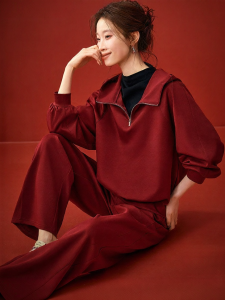 MOHANYIMEI | Hooded Sweatshirt Zip-up Raglan Sleeve Loose Straight Leg Pants Set