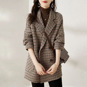 Womens Houndstooth Notch Collar Coat