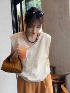 เสื้อกั๊กถักคอวีแขนกุดปักลายขนสัตว์สไตล์ใหม่ฤดูร้อน 2024 เสื้อผ้าทำงานสไตล์เกาหลีหลวมๆ ผ้าผสมอื่นๆ แหล่งกำเนิดจีน