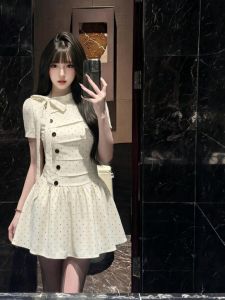 Dots Waist-Cinching Flared Short Dress Summer New