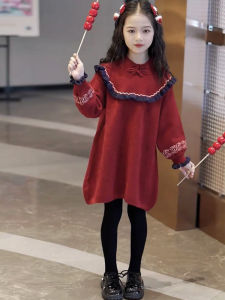 Red Fashionable Girls Sweater Dress Childrens Clothing Autumn Winter Season Long Sleeve mid Length Cotton Blend Warmth