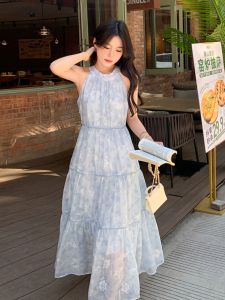 Inloya Summer 2024 New Sleeveless Printed Neck Tank Dress with Long A-Line Skirt for Women Fashionable French Soft Style