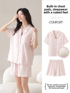 miiow | Cat Woman Summer Lightweight Short Sleeve Sleepwear Set With Chest Pad Loose Fit Breathable Sweet Home Clothes For Women