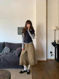 NIHAOKANONG | Quần Jeans Khaki Retro Vintage Rửa Mờ 7/8 Dành Cho Phụ Nữ