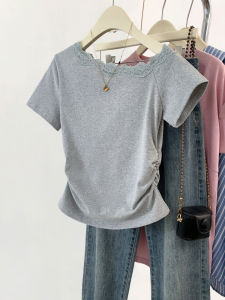 YIFENGXIN | Grey Lace Off-Shoulder Short Sleeve T-Shirt