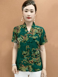 หลวม คอวี เสื้อยืดแขนสั้นปุ่มปมจีนเสื้อผ้าแม่ ฤดูร้อน ชุดทํางานรูปแบบคลาสสิกสไตล์ใหม่สําหรับผู้หญิงวัยกลางคน