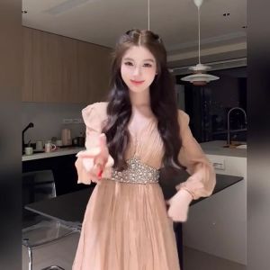 French Elegant Diamond Embedded Long Sleeve V-Neck Dress Womens Summer New Style Short Skirt Slim Fit A-Line Dress