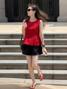 Bộ Đồ Hai Mảnh Thời Trang Mùa Hè Cho Nữ Áo Vest Không Tay Và Quần Short Ống Rộng Cạp Cao Phong Cách Hàn Quốc Giản Dị