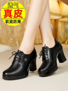 สีดำ หนัง รองเท้าส้นสูง ผู้หญิง รองเท้าทํางานส้นหนาแท้สวมใส่สบายเป็นเวลานานรองเท้าแม่แบบสวมนิ้วเท้ารอบ