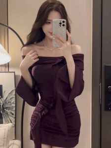 Váy Dài Tay Một Bên Vai Pure Desire Cho Nữ Váy Ngắn Hở Lưng Mùa Thu Đông Váy Công Sở Phong Cách Hàn Quốc Váy Ngắn