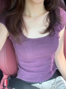 French Purple Large Collar Knitted Ice Silk Short Sleeve T-Shirt Women Summer Small Size Short Style Female Top U-Neckline Regular Length