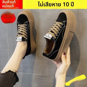 รองเท้าผ้าใบหนังแท้สำหรับผู้หญิง ทรงส้นหนา สวมใส่สบาย ฤดูร้อน 2025 สไตล์ยุโรป รองเท้าผ้าใบแบบสวม ส้นเตี้ย ด้านหน้าเป็นรูปสี่เหลี่ยม สวมใส่สบาย