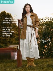 INMAN | Ruffled V-Neck Jacquard White Long Dress