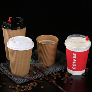 Disposable Thickened Paper Cup 12Oz/16Oz Coffee Hot Drink Oven Mitts S-Shaped Corrugated Paper Cup 50 Sets with Lid